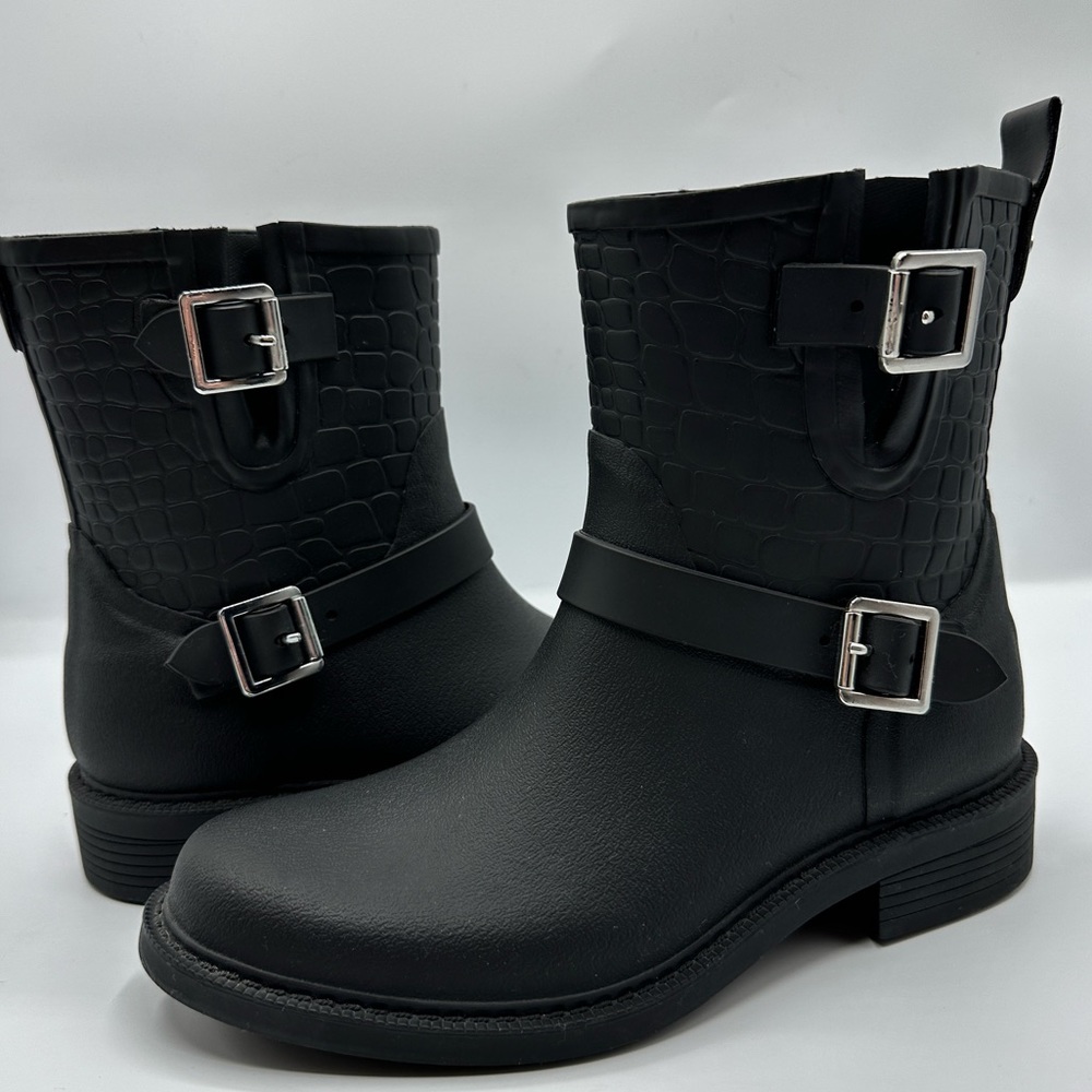 Sam Edelman Keigan Black Waterproof Rubber Rain Boots Croc Embossed Size 7